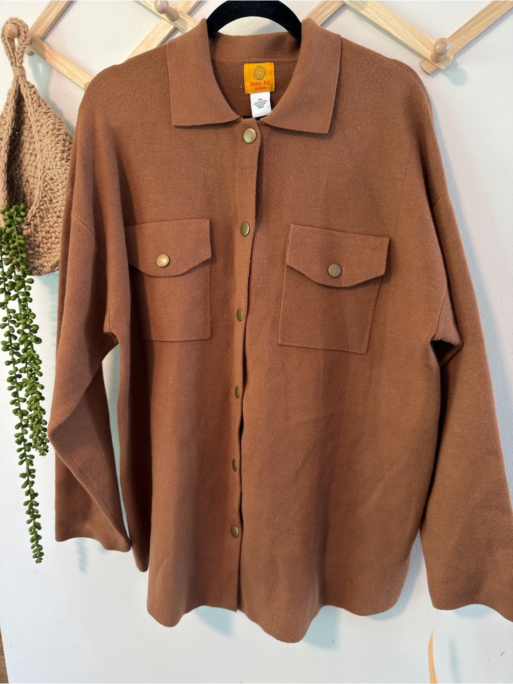 Ruby Rd. Button Front Shacket 1X Chestnut Brown
